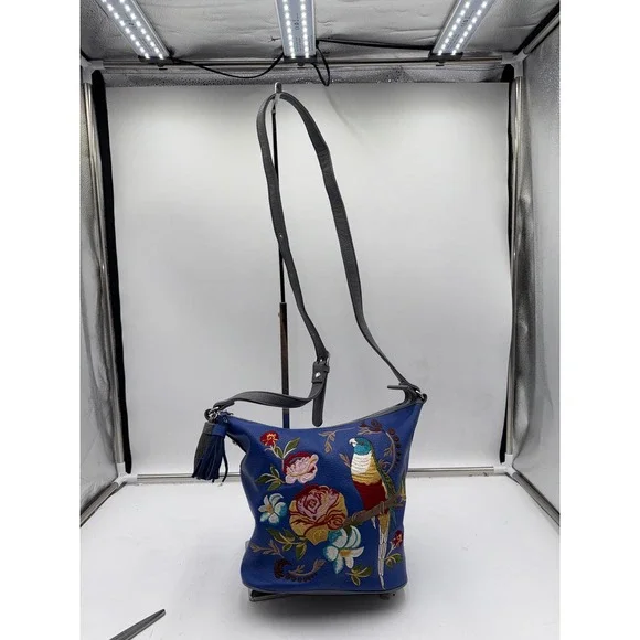 Sharif 1827 Blue Leather Embroidered Parrot Floral Crossbody Bag Grey Trim - Picture 3 of 12